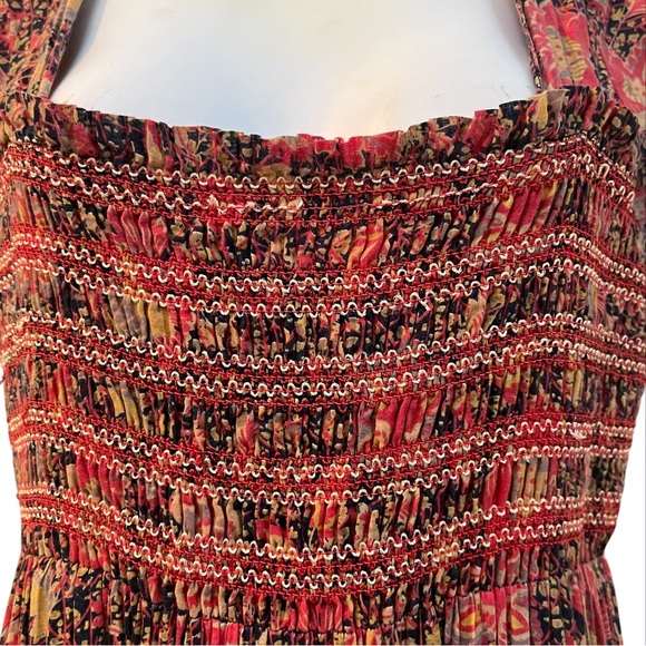 FREE PEOPLE Red Floral Getaway Maxi Dress Smocked Tiered Boho Peasant XS - Picture 4 of 9